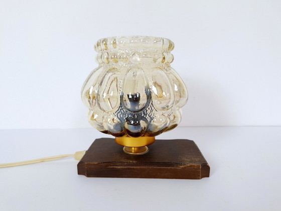 Image 1 of Mid Century Amber Glass Table Lamp / Retro Wood Brass Nightstand Light / 1970s Bubble Glass Desk Fixture / Vintage Small Lantern