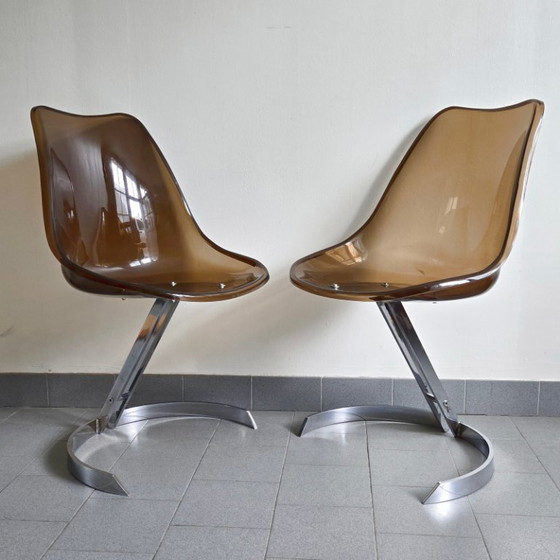 Image 1 of SET DI 4 SEDIE VINTAGE EUROSTEEL DEL 1970, IN PLEXIGLASS E CROMATO, DISEGNATE DA DLG BORIS TABACOFF