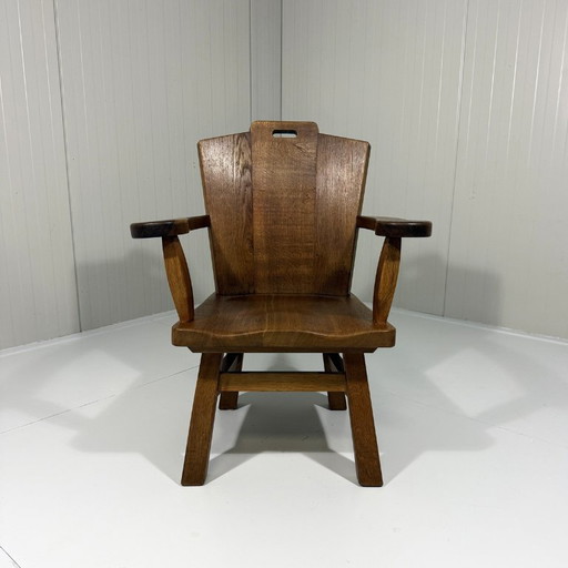 Fauteuil brutaliste rustique en chêne massif des années 1960
