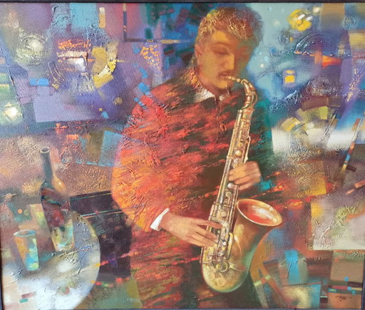 Original Oil Painting Abstract Musician Saxophone Night Blues – schilderijen tekeningen, Canvas