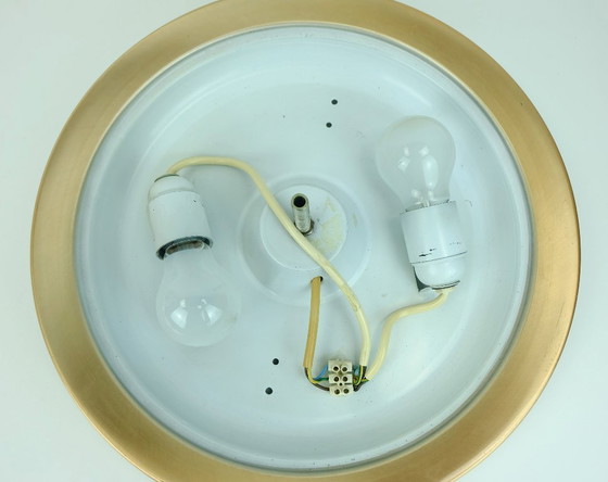 Image 1 of mid century ceiling LAMP flush mount textured glass and aluminum 1970s hollywood regency