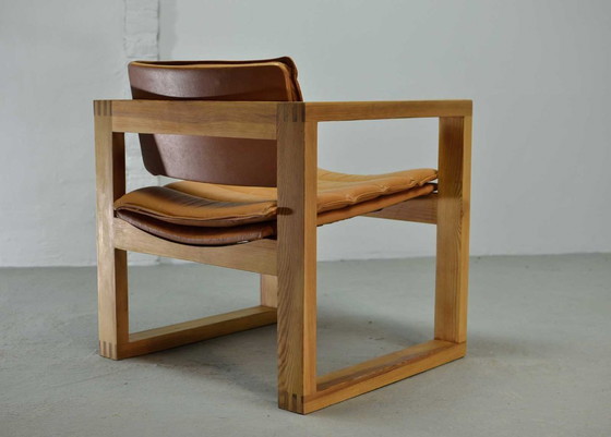 Image 1 of Brutalist Ate van Apeldoorn Dutch Design Cognac Leather Cubic Pinewood Side Chair for Houtwerk Hattem. The Netherlands, 1970s.