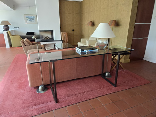 Glass side table, sleek design, metal frame