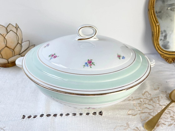 Vintage 1950s Floral White and Green Porcelain Soup Tureen Salins 66 – Crockery (photo 2 of 10)