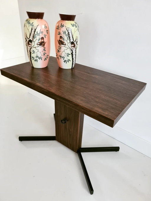 Side table seventies, wooden top with metal base