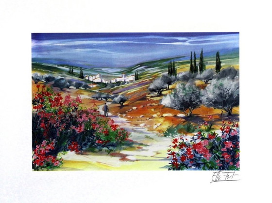 Image 1 of Ella Fort: "L'Arrivée." Hand signed, E.A. color lithograph.