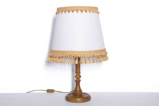 Image 1 of Table lamp wood textile light beige brown fringes 63cm 80s J Vintage