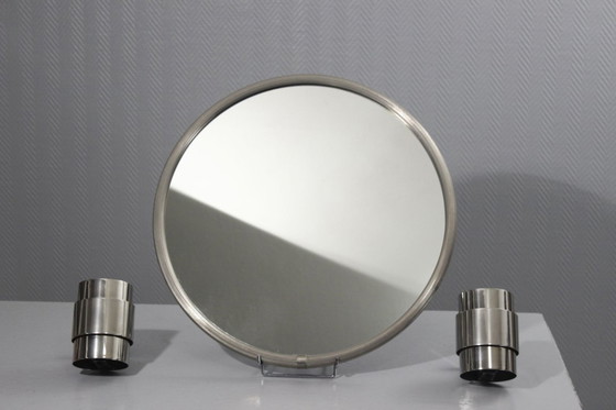 Image 1 of Vintage modernistische Art Deco spiegel en wandlampen, vernikkeld staal, jaren 1950