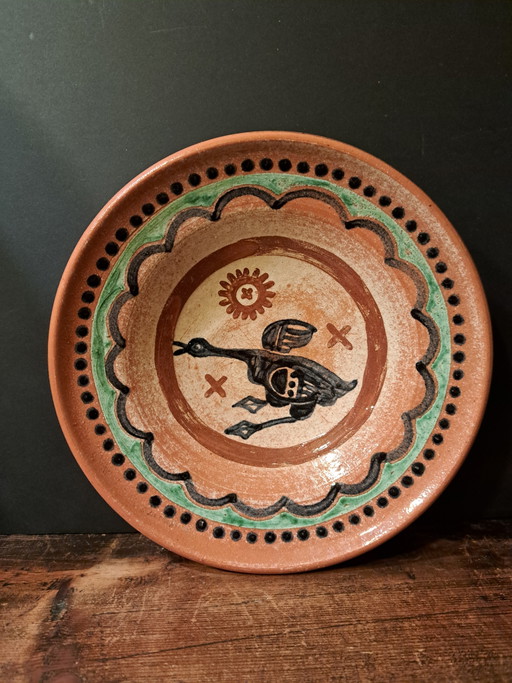 1 piatto decorativo da parete in terracotta dipinta a mano d'epoca Russel Tiglo 1944