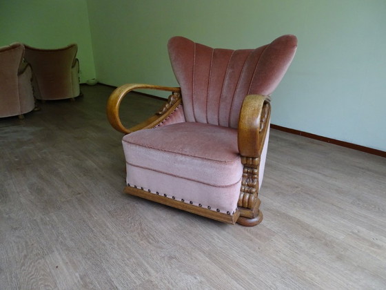 Image 1 of ⚠️ 2 sur 4 encore disponibles | Fauteuils club Art déco (env. 1920-1950) | Velours rose poudré | Chêne sculpté