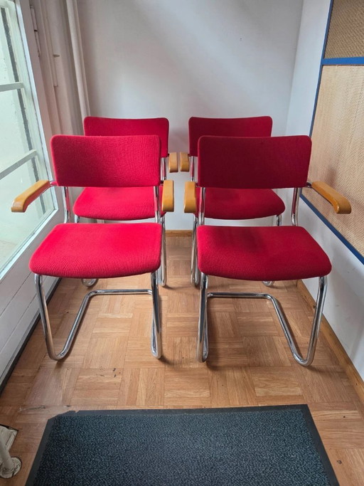 4 originele Thonet S 43 armstoelen van Mart Stam – Rood