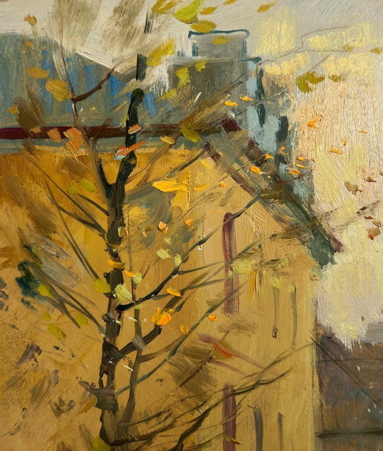 Image 1 of Pintura al óleo original Paisaje urbano otoñal Reflejos del otoño