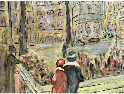 Vintage olieverfschilderij van Caroline Bennett uit het midden van de 20e eeuw met een stadsgezicht van Parijs.