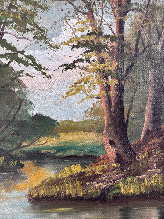 Image 1 of Peinture à l'huile originale vintage représentant un paysage de rivière, signée River Art