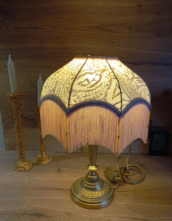 Image 1 of Bronze Living Room Lamp, Art Nouveau Style, Fabric and Fringe Dome Lampshade