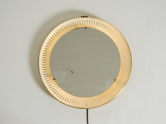 Image 1 of Rare miroir rond illuminé en métal Hillebrand, datant du milieu du XXe siècle (1966).