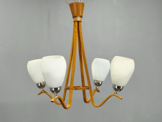 Image 1 of Pair of Czech Mid-Century Wood and Glass Chandeliers by Dřevo Humpolec