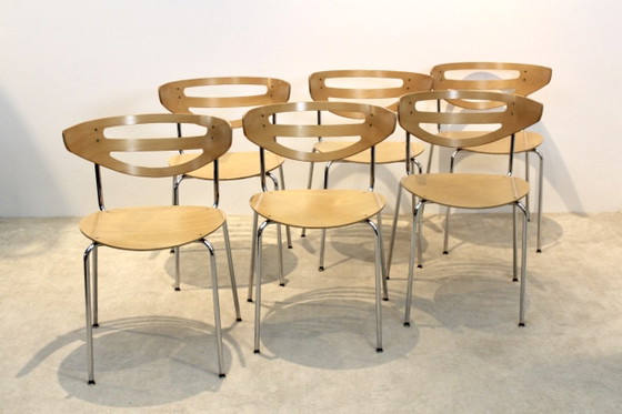 Stackable Thonet Chrome and Beechwood Curved Diner Chairs, Dining chairs, Modern (photo 7 of 12)