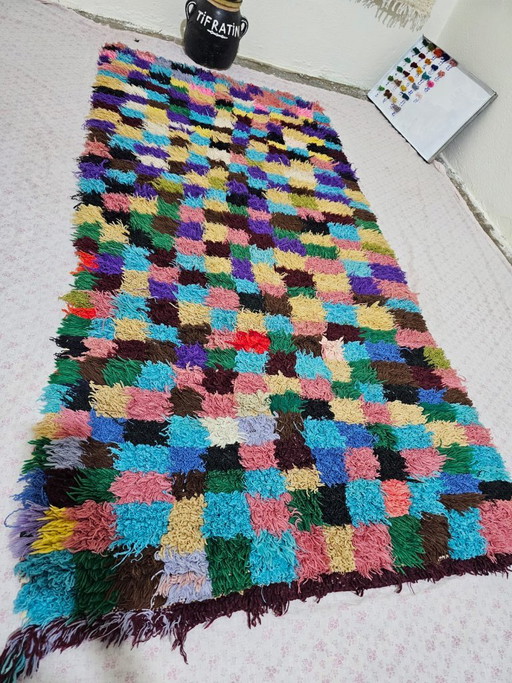 Vintage Moroccan Handira Rug – Antique and Authentic Piece 220cm x 97cm – vloerkleden en tapijten, Cotton, Wool