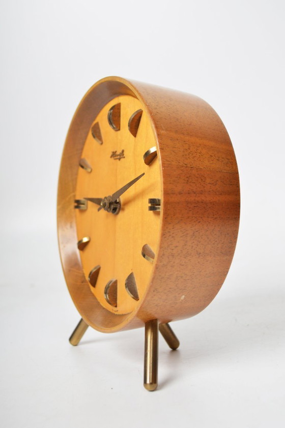 Image 1 of Mid Century Clock by Kienzle / Teak & Brass / Tripod Desk, Table or Shelf Clock / Germany, 1960's