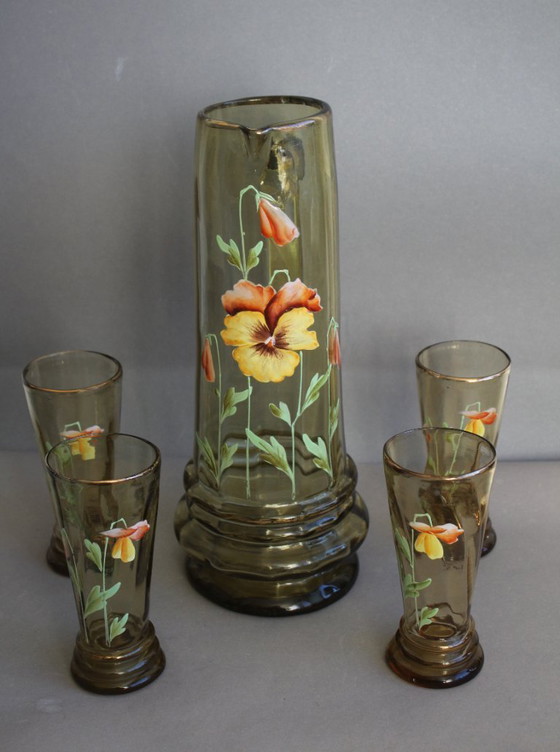 Image 1 of Antike hohe Bierkanne Krug grünes Glas Emailmalerei Blumen um 1900 mit 4 Gläsern