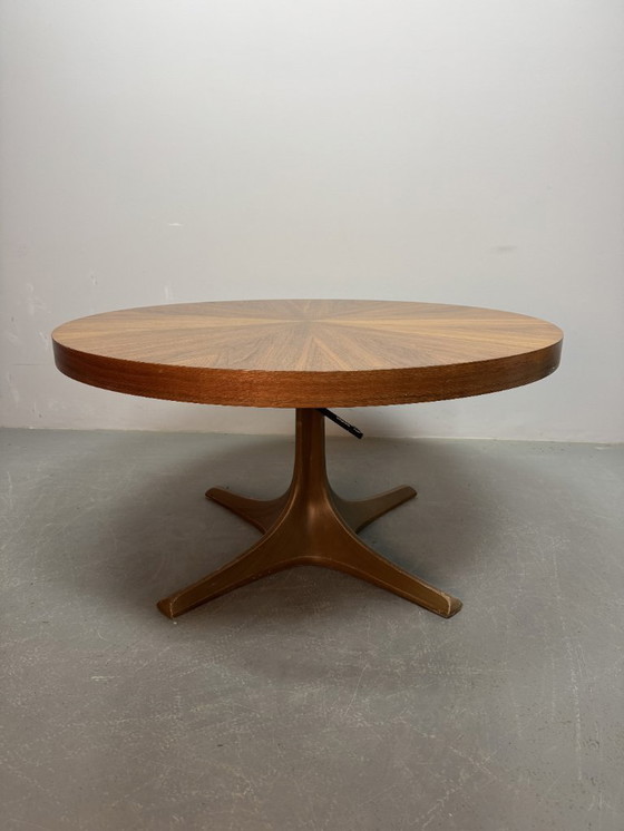 Image 1 of Mid-Century Design Round Adjustable Wooden Veneer Coffee / Dining Table by Ilse Möbel with Solid Centered Pedestal, Germany 1960