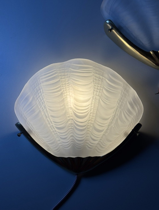 Image 1 of Pair of Vintage Frosted Glass Shell Wall Sconces – Brass Mounts – Art Deco Revival, ca. 1970s–1980s