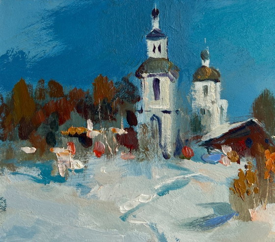 Image 1 of Origineel olieverfschilderij: Sneeuwdorplandschap. De eerste sneeuw viel.