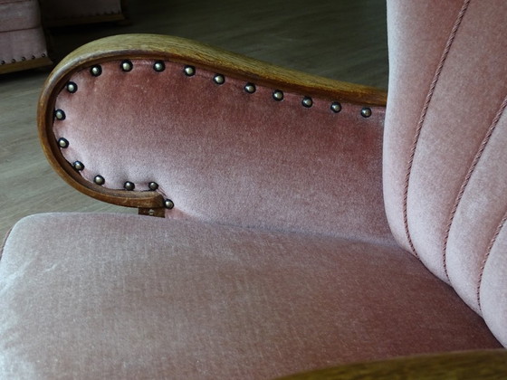 Image 1 of ⚠️ 2 sur 4 encore disponibles | Fauteuils club Art déco (env. 1920-1950) | Velours rose poudré | Chêne sculpté