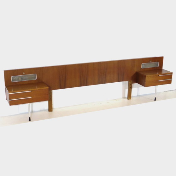 Image 1 of Vintage teak headboard with bedside tables and lighting, 1960s