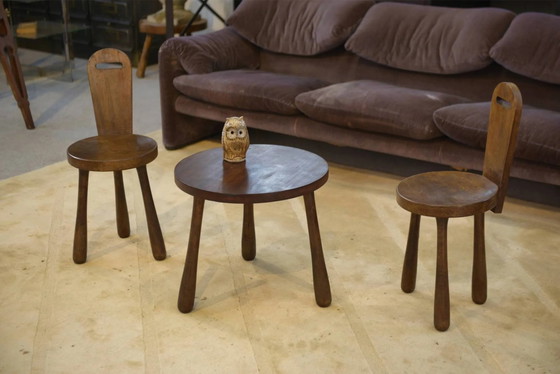 Set of 2 chairs and a brutalist table for children from the 1960s., Dining tables, Wood (photo 10 of 11)