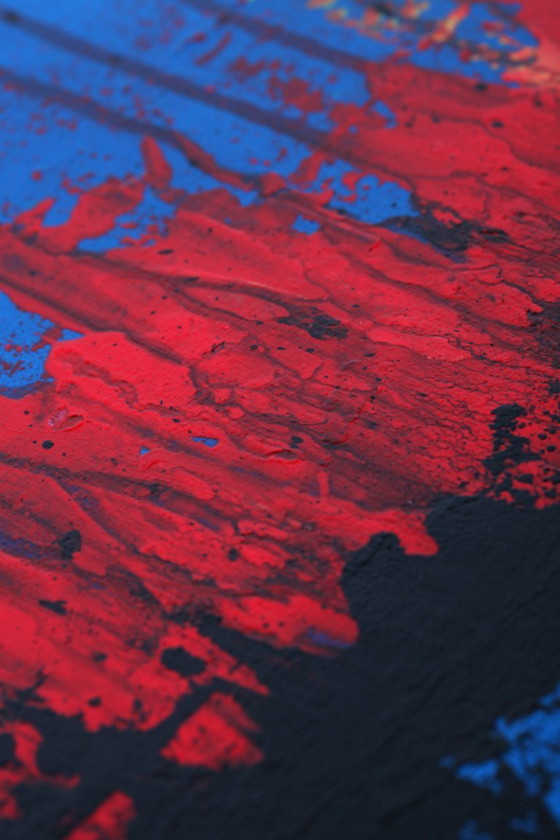 Image 1 of Contemporary abstract artwork in blue, red,black, yelow on stretched canvas