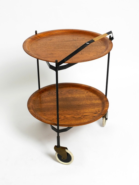 Image 1 of Schöner klappbarer Mid-Century Modern Servierwagen mit abnehmbaren Teak Pagholz Tabletts