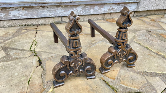 Image 1 of Massive Brass And Vintage Steel Andirons