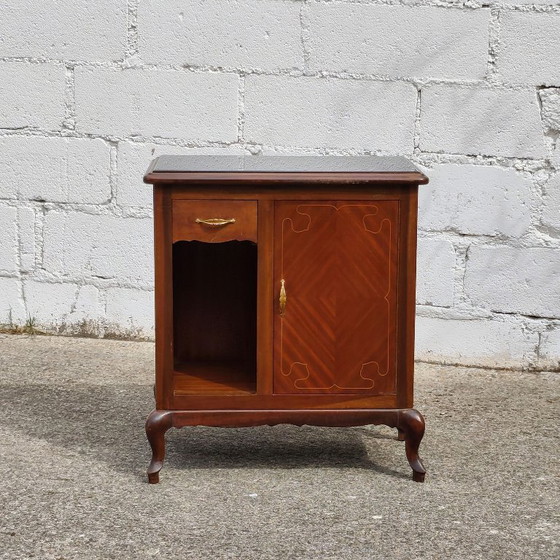 Antieke Franse art-deco console met marqueterie, houten kast met glazen blad, jaren 30 – Ladekasten, Glass (photo 2 of 21)