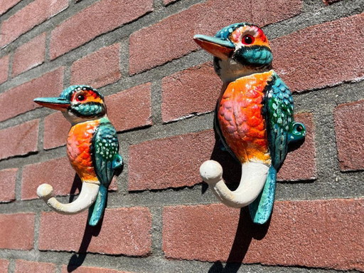 Set of 2 cast iron kingfisher bird sculptures that also serve as sturdy wall hooks - Free Shipping