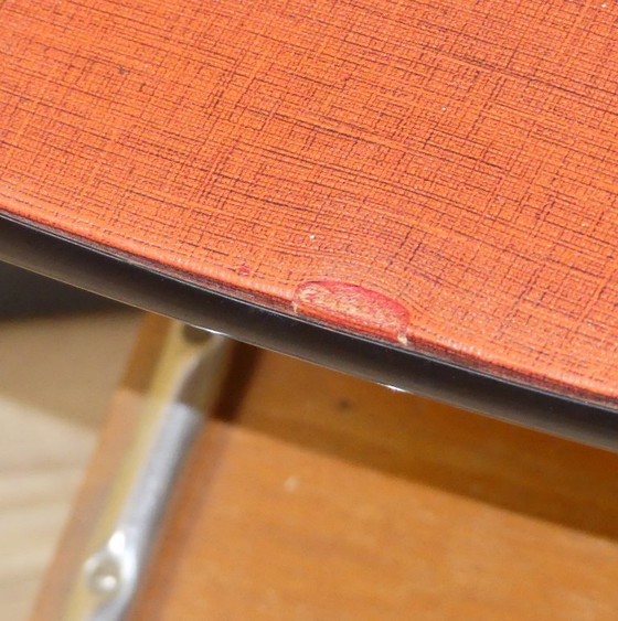 Image 1 of Vintage jaren 50 kruk Rood gevlekt opvouwbare trapladder Metaal en hout industriële retro ladderkruk