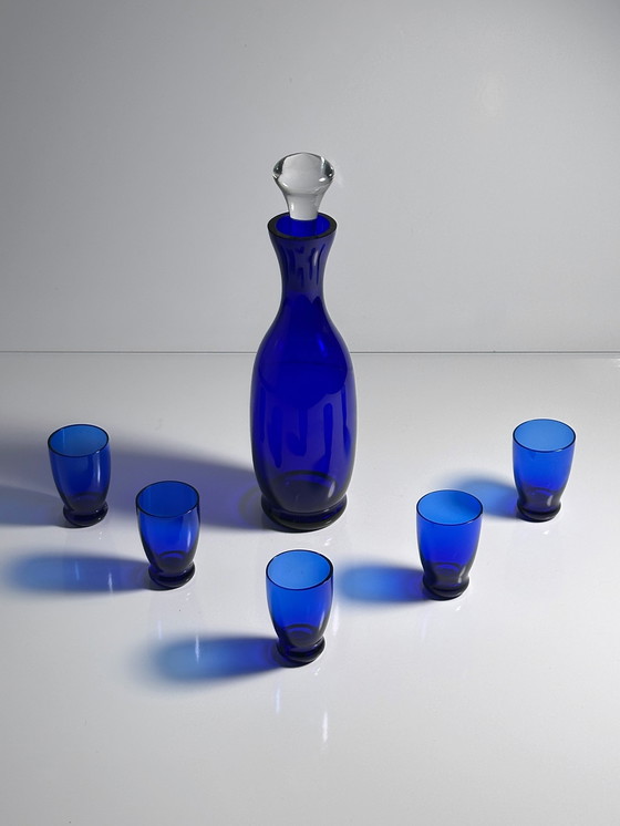 Image 1 of Kobalt Blaues Böhmisches Schnaps / Likör Set aus den 1960er