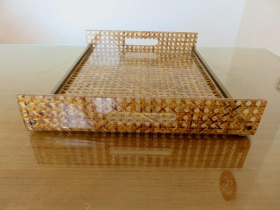 Image 1 of "CHRISTIAN DIOR" tray, France, circa 1970, plexiglass, lucite with caning inclusions