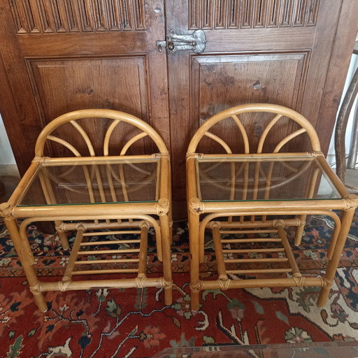 Prachtige Set Vintage Rotan Nachtkastjes / Bijzettafels Met Glas (Jaren '70) – Bamboo, Rattan