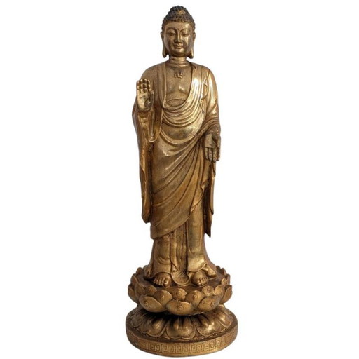 Staande Chinese Vergulde Bronzen Boeddha – Abhaya Mudra – 130 – beeldhouwkunst