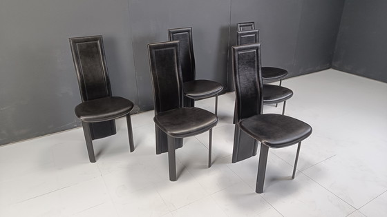 Image 1 of Schwarze Leder-Esszimmerstühle mit hoher Rückenlehne, Satz von 6, 1980er Jahre