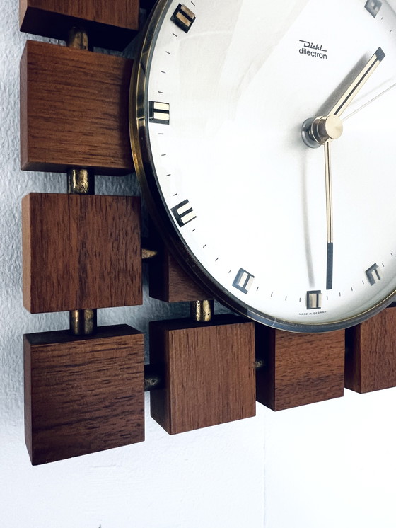 Image 1 of Vintage teak & brass wall clock '70s