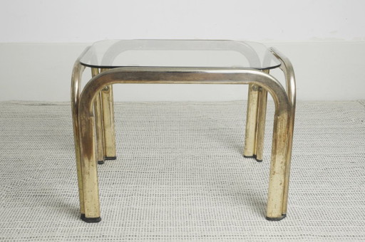 Messing-goudkleurige chromen glazen bijzettafel, vintage mid-century modern accenttafel, nachtkastje, jaren 70
