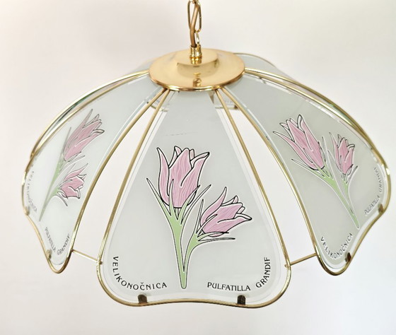 Image 1 of Vintage hanglamp met bloemblaadjes / Retro botanische messing plafondkroonluchter / Glazen tulp hanglamp uit de jaren 80