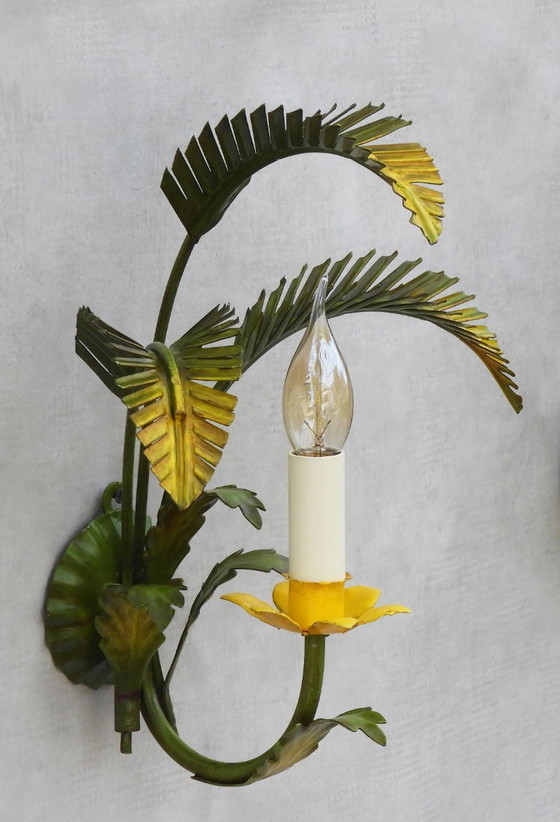 Pair of Mid Century Italian Palm Leaf Wall Lights C1950 - Two Pairs Available, Metal, Yellow (photo 3 of 8)