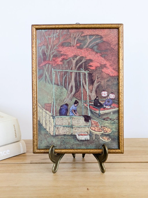 Vintage Framed Oil Pastel Drawing, Asian Garden Scene, Signed And Dated – schilderijen tekeningen, Wood (photo 2 of 11)
