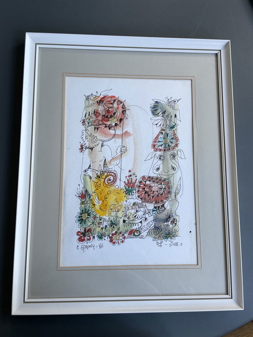 Catriel Efrony Aquarell- und Tuschezeichnung.