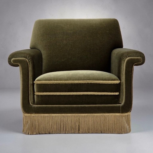 Fauteuil danois des années 1970, revêtement en velours vert d'origine