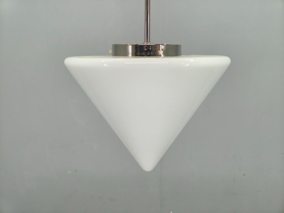 Image 1 of Art Deco Style Pendant Light, Chrome & Milk Glass, 1970s
